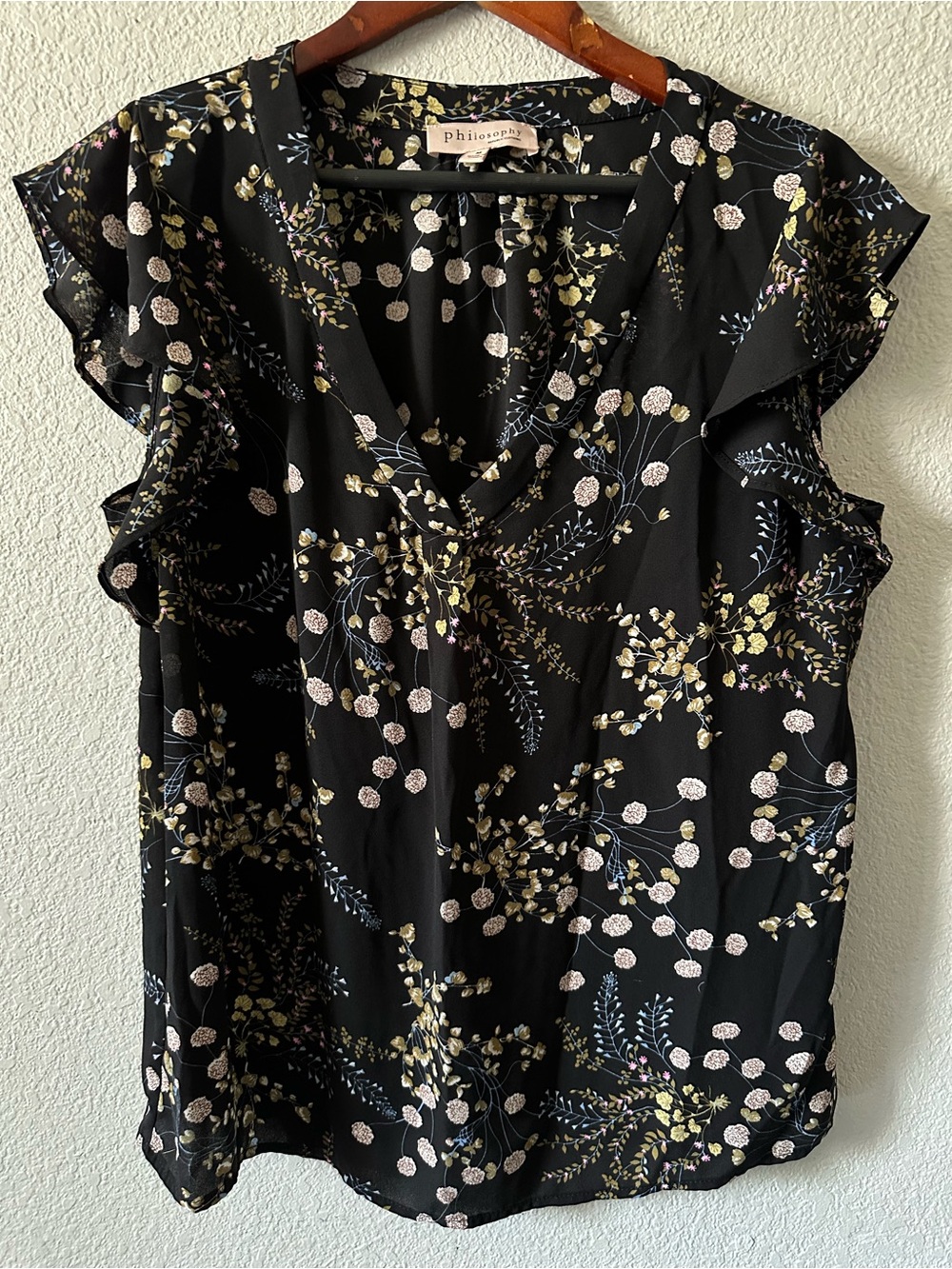 Philosophy Black Floral V-Neck Ruffle Sleeve Top